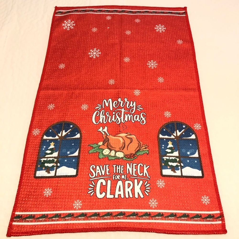Red Christmas Towel with Save The Neck For Me Clark Text 15" X 24"